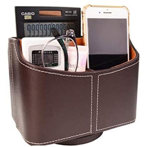 Baitaihem Rotatable Remote Control Holder PU Leather Remote Control Organizer with 5 Compartments for Remotes Controllers Eyeglasses TV Guide Mail Electronics Tablet Media Storage,Brown