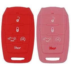 WEIBISS 2 Pack 5 Buttons Soft Silicone Rubber Remote Keyless Protector Case Key Fob Cover Protector Holder Jacket for Dodge 2021 2020 2019 Ram 1500 Pickup 68291690AB/AC/AD, Red Pink