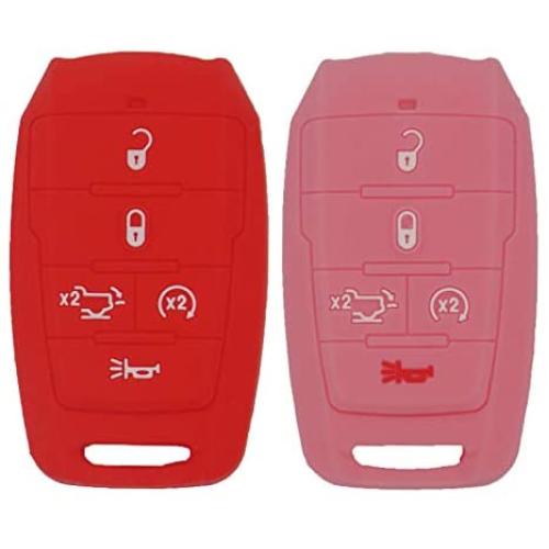WEIBISS 2 Pack 5 Buttons Soft Silicone Rubber Remote Keyless Protector Case Key Fob Cover Protector Holder Jacket for Dodge 2021 2020 2019 Ram 1500 Pickup 68291690AB/AC/AD, Red Pink