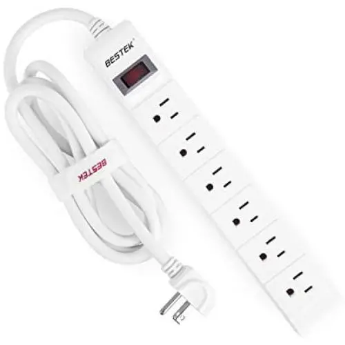 BESTEK 6-Outlet 6 Feet Extension Cord Power Strip 15A 1875W Surge Protector Desktop Charging Station, 200Joules, Right Angle Flat Plug, Ultra-Compact Wide Spaced Multi Outlets Plugs Sockets, White