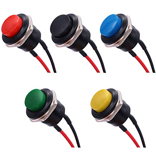 weideer 5pcs 16mm Momentary Push Button Switch SPST AC250V/3A AC125V/6A ON Off 2 Pin Mini Self-Reset Round Plastic Switch(5 Colors) with Pre-soldered Wires R13-507-5-X