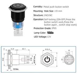 Quentacy 19mm 3/4'' Latching Pushbutton Switch 12V Power Symbol LED 1NO1NC SPDT ON/OFF Black Metal Waterproof Toggle Switch with Wire Socket Plug (White)