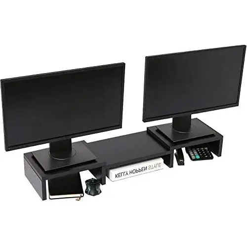 Superjare Dual Monitor Stand Riser, Adjustable Length and Angle Multi Screen Stand, Desktop Stand Storage Organizer for Laptop Computer/TV/PC/Printer- Black
