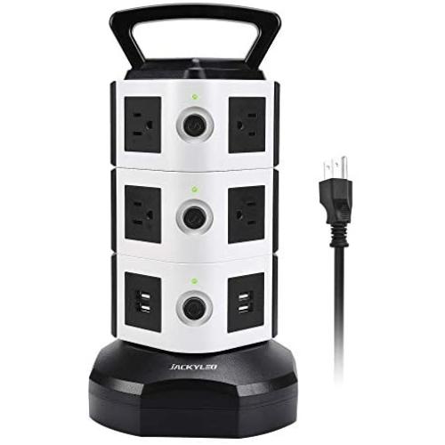 Power Strip Tower JACKYLED Surge Protector Electric Charging Station 3000W 13A 10 Outlets 4 USB Ports with 16AWG 6.5ft Heavy Duty Extension Cord for Home Office