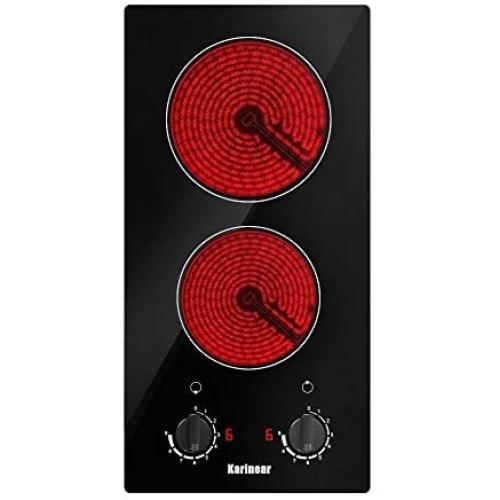 Electric Cooktop, Built-in Ceramic Cooktop Hard Wired, 220-240V Electric Stove Top with 2 Burners, 9 Heating Level, Knob Control, Auto Shut Down Protection