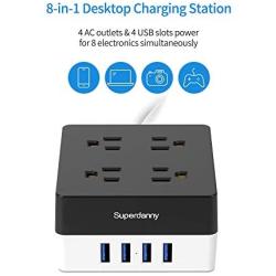 USB Power Strip Surge Protector - SUPERDANNY 5ft Desktop Extension Cord with 4 Widely Spaced Outlets & 4 Smart USB Ports, Portable Charging Station for Home, Office, Hotel, Dorm, RV, Black+White