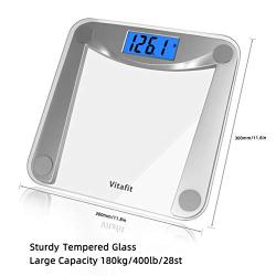 Vitafit Digital Body Weight Bathroom Scale Weighing Scale with Step-On Technology,Extra Large Blue Backlit Display and Batteries Included, 400 Pounds,Clear Glass