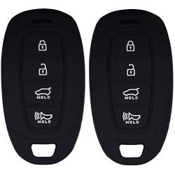Lcyam Key Fob Cover Silicone Case Remote Holder Fits for 2019 2020 Hyundai Kona Santa Fe Veloster Sonata Keyless Smart Key 4 Button (Black Black)