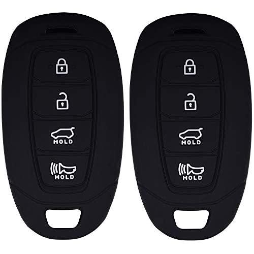 Lcyam Key Fob Cover Silicone Case Remote Holder Fits for 2019 2020 Hyundai Kona Santa Fe Veloster Sonata Keyless Smart Key 4 Button (Black Black)
