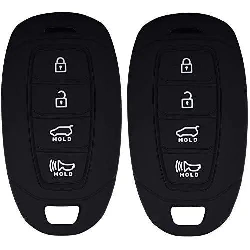 Lcyam Key Fob Cover Silicone Case Remote Holder Fits for 2019 2020 Hyundai Kona Santa Fe Veloster Sonata Keyless Smart Key 4 Button (Black Black)
