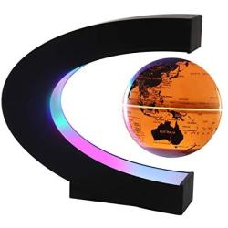 Magnetic Levitating Globe with LED Light, 3 C Shape Base Floating Globes, Rotating World Map, Cool Tech Gift for Men Father Boys, Birthday Gifts for Kids, Desk Gadget Decor in Office Home (Gold 1)