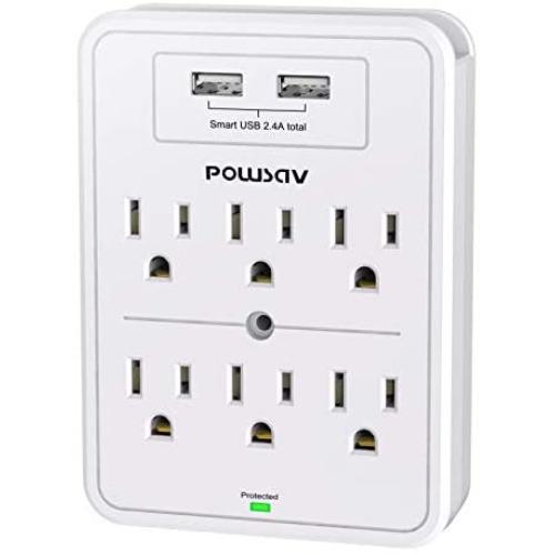 Multi Plug Outlet, Surge Protector, POWSAV USB Wall Charger with 2 USB Ports, 6-Outlet Extender and Top Phone Holder for Your Cell Phone, White, ETL Listed