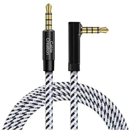 3.5mm Aux Cable 4 Pole, CableCreation 90 Degree TRRS 3.5mm Male to Male Audio Cable/Right Angle 4 Pole Stereo Auxiliary Cable (Microphone Compatible), 6ft/1.8m