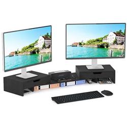 Elephance Dual Monitor Stand Riser with Adjustable Length and Angle, Bamboo Computer Riser with 2 Extra Drawers, Desk Organizer for Laptop, Computer