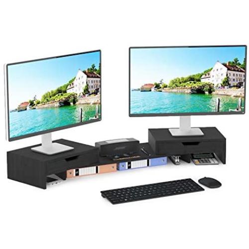 Elephance Dual Monitor Stand Riser with Adjustable Length and Angle, Bamboo Computer Riser with 2 Extra Drawers, Desk Organizer for Laptop, Computer