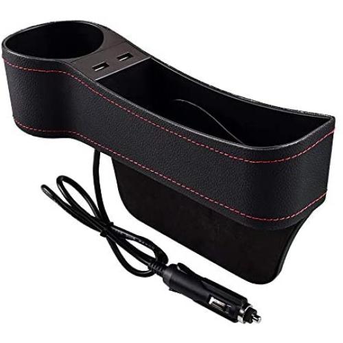 SUNMORN Car Seat Gap Organizer, Multifunctional with Dual USB Charging, Cup Holder, Leather Storage Box, Order for Passenger Side Cup Holder Facing Back (Black)