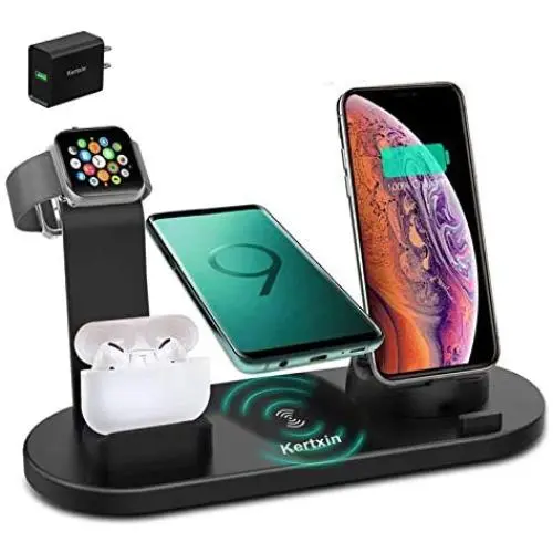 Kertxin Wireless Charger Stand,4 in 1 Wireless Charging Station Dock for Apple Watch iWatch SE/6/5/4/3/2/1, Airpods,iPhone Series 12/12Pro/11/11 Pro Max/X/Xs/XR/8 Plus/8,Samsung Galaxy S10 S9 Kertxin Wireless Charger Stand,4 in 1 Wireless Charging Station Dock for Apple Watch iWatch SE/6/5/4/3/2/1, Airpods,iPhone Series 12/12Pro/11/11 Pro Max/X/Xs/XR/8 Plus/8,Samsung Galaxy S10 S9