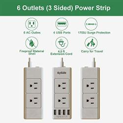 EyGde Power Strip Surge Protector with 6 Outlet Extender (3 Sided) and 4 USB Ports, Outlet Splitter with 4.5ft Extension Cord, Overload Surge Protection Sockets, Wall Mount for Home, Office (White)