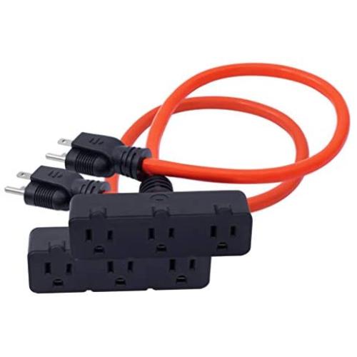 KMC 3-Outlet Power Extension Cord 2-Pack, 12AWG 2-Feet Extension Cord, 125V/15Amp 1875Watt, Orange