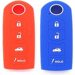 WFMJ 2Pcs Red Blue Silicone for Mazda 3 6 CX7 CX9 MX-5 Miata 4 Buttons Remote Smart Key Chain Cover Case Fob