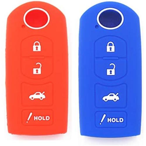 WFMJ 2Pcs Red Blue Silicone for Mazda 3 6 CX7 CX9 MX-5 Miata 4 Buttons Remote Smart Key Chain Cover Case Fob