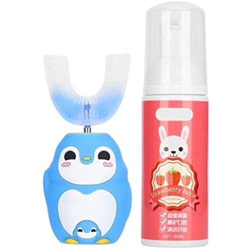 U Shaped Head Toothbrush, Soft Silica Gel Brush Head Children Automatic Sonic Electronic Toothbrush Cartoon Toothbrush Kids Toddlers (Mousse 60ml)(Blue)