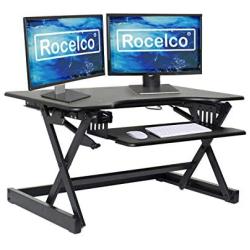Rocelco 32'' Height Adjustable Standing Desk Converter - Sit Stand Computer Workstation Riser - Dual Monitor Retractable Keyboard Tray Gas Spring Assist - Black (R EADRB2)