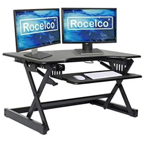 Rocelco 32'' Height Adjustable Standing Desk Converter - Sit Stand Computer Workstation Riser - Dual Monitor Retractable Keyboard Tray Gas Spring Assist - Black (R EADRB2)