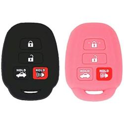 EXUNTECH 2Pcs Rubber Silicone Key Fob Cover Remote Keyless Protector Bag Holder for Toyota Camry Avalon Corolla RAV4 Highlander Venza HYQ12BDM, Black Pink