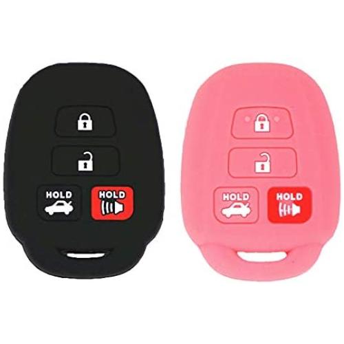 EXUNTECH 2Pcs Rubber Silicone Key Fob Cover Remote Keyless Protector Bag Holder for Toyota Camry Avalon Corolla RAV4 Highlander Venza HYQ12BDM, Black Pink