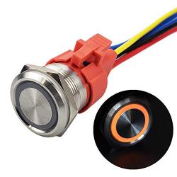 APIELE 10 Amp 22mm Momentary Push Button Switch 12V Angel Eye LED Waterproof Stainless Steel Round Self Reset 7/8 1NO 1NC (10 Amp/Yellow Led)