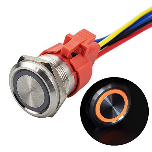 APIELE 10 Amp 22mm Momentary Push Button Switch 12V Angel Eye LED Waterproof Stainless Steel Round Self Reset 7/8 1NO 1NC (10 Amp/Yellow Led)