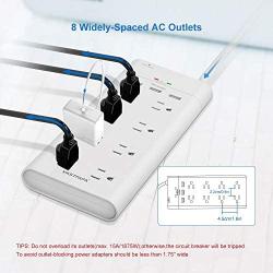 VASTFAFA 8-Outlet Surge Protector Power Strip with 3 Fast USB Charging Port/1050 Joules and 10-Foot Heavy Duty Extension Cord, FCC ETL Listed (White -10ft)