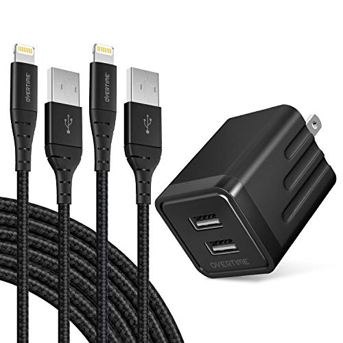 iPhone Charger Set, 2-Pack Overtime Apple MFi Certified Lightning Cables with 1 Dual USB Wall Adapter - 2.4 AMP Compatible w/iPhone 11 Pro Max XS XR X 8 7 6S 6 Plus SE iPad (Black/Black, 6ft)