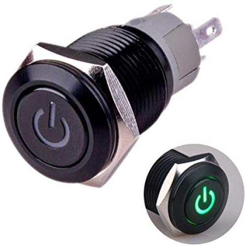 Ulincos Latching Push Button Switch U16F5 1NO1NC SPDT ON/Off Black Shell with Green Power Symbol LED Suitable for 16mm 5/8'' Mounting Hole (Green)