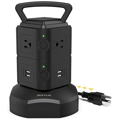 9.8ft Power Strip Tower JACKYLED Surge Protector Electric Charging Station with 13A 6 AC 4 USB Ports Heavy Duty Extension Cord for Home Office Computer Nightstand Laptop Phone Black