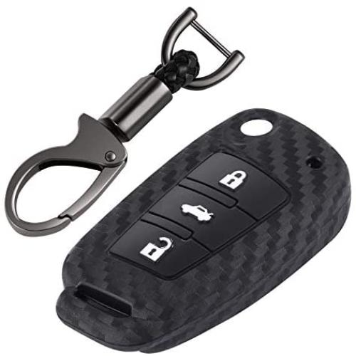 iSaddle for Audi Fob Cover - Carbon Fiber Pattern Car Key Protector for Audi A1 A3 A4 A5 A6 A6L A8 Q2 Q3 Q5 Q7 TT TTS R8 S3 S4 S5 S6 RS3 RS4 RS6 3 Buttons Flip Keyless Entry Smart Key Case/w Keychain