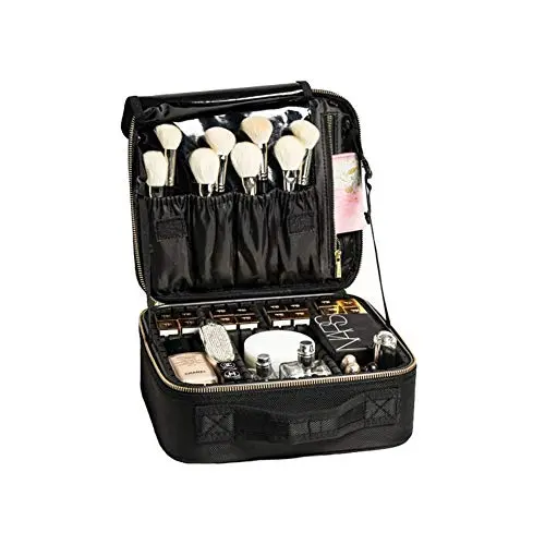 ROWNYEON Travel Makeup Bag Makeup Organizer Case Makeup Train Case Makeup Artist Bag Portable Cosmetic Bag Gift for Women with EVA Adjustable Dividers Small Black