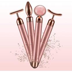 4-in-1 Beauty Bar 24k Golden Pulse Face Massager, Electric Jade Roller Facial Massager Rose Quartz, Arm Eye Nose Massage Stone for Face Lift Anti-Aging Anti-Wrinkles Skin Tightening Face Firming