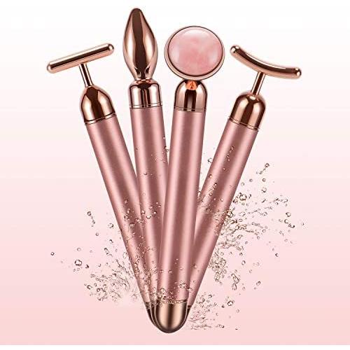 4-in-1 Beauty Bar 24k Golden Pulse Face Massager, Electric Jade Roller Facial Massager Rose Quartz, Arm Eye Nose Massage Stone for Face Lift Anti-Aging Anti-Wrinkles Skin Tightening Face Firming