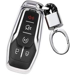 Royalfox(TM) 4 5 Buttons TPU Smart keyless Entry Remote Key Fob case Cover Keychain for Ford Mustang F-150 F-450 Explorer Taurus Fusion Edge,Lincoln MKZ MKC MKX (Silver)