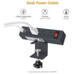 Desk Clamp Power Strip, Desktop Clamp Mount Power Outlet with 2 USB Ports, 4 AC Outlets, Mountable Desk Outlet Removable Power Plugs with 6.56ft Power Cord (Grey)