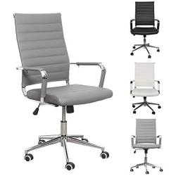 LUCKWIND Ergonomic Office Chair Ribbed Leather Swivel - Adjustable Height Tilt Arm Sleeves Lumbar Support High Back Upholstery Executive Modern Conference Computer Chrome Wheel Caster 350lbs (Grey)