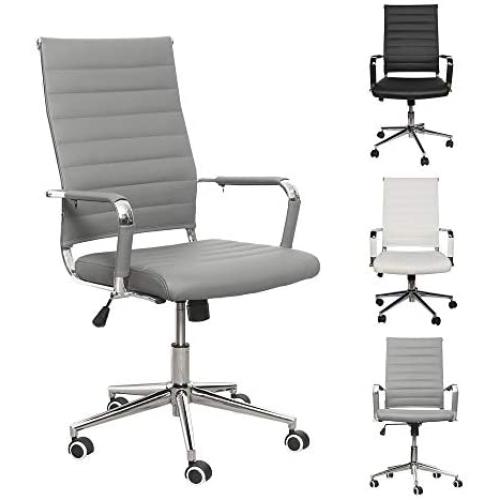LUCKWIND Ergonomic Office Chair Ribbed Leather Swivel - Adjustable Height Tilt Arm Sleeves Lumbar Support High Back Upholstery Executive Modern Conference Computer Chrome Wheel Caster 350lbs (Grey)