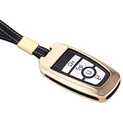Royalfox(TM) Luxury Aircraft Aluminum Smart 4 Buttons car Key Fob case Cover for 2017 2018 Ford Mustang Explorer F 150 250 350 450 550 Edge Fusion Mondeo (Gold)
