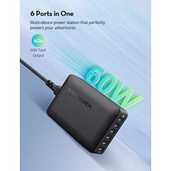 USB Charger RAVPower 60W 12A 6-Port Desktop USB Charging Station with iSmart Multiple Port, Compatible iPhone 11 Pro Max XS Max XR X 8 Plus, iPad Pro Air Mini, Galaxy S9 Edge, Tablet and More (Black)