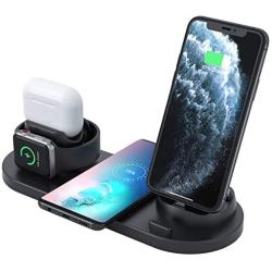 Coralhouse Wireless Charger,6 in 1 Charger Stand Copatible with iPhone/Android/Type-C with USB Port for Apple Watch, Fast Wireless Charging Dock Station for AirPods/iPhone/Samsung/Huawei/LG/HTC