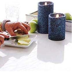 Luminara Flameless Pillar Candle (Blue Glitter, 7-Inch Tall); LED Battery-Operated Candle with Remote, Great for Christmas and Holidays