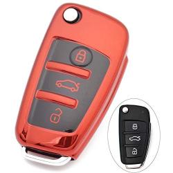 Royalfox(TM) Luxury Chrome Soft TPU Remote Key Fob case Cover for Audi Folding flip Key, Audi A1 A3 A4 A5 A6 Q3 Q5 Q7 TT S3 R8 (red with Black)