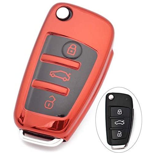 Royalfox(TM) Luxury Chrome Soft TPU Remote Key Fob case Cover for Audi Folding flip Key, Audi A1 A3 A4 A5 A6 Q3 Q5 Q7 TT S3 R8 (red with Black)